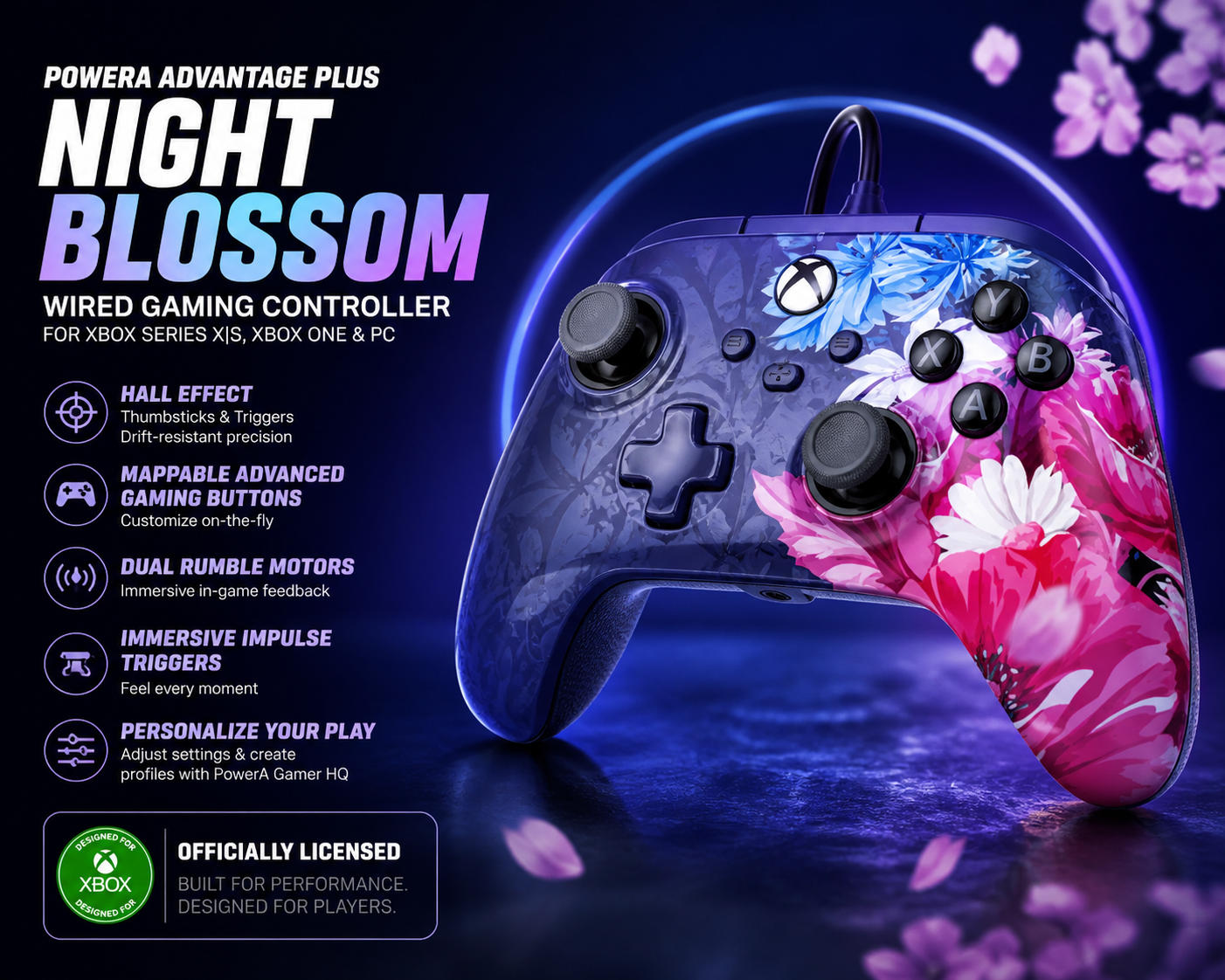 PowerA Advantage Plus Wired Gaming Controller for Xbox Series X/S, Xbox One, PC, Windows 10/11, Hall Effect Thumbsticks & Triggers, Night Blossom (Officially Licensed)(UNBOXED)